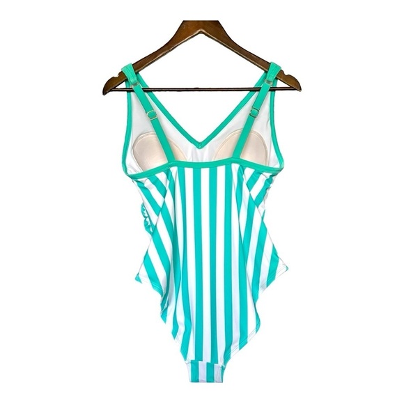 NEW Kona Sol Turquoise and White Striped One Piece Swimsuit Size 14W V Neck - Picture 10 of 11